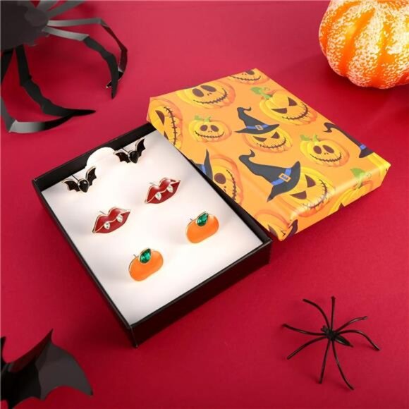 Lovely Halloween Stud Earrings Set | Pumpkin, Vampire Bat & Lip Designs. - Picture 6 of 6